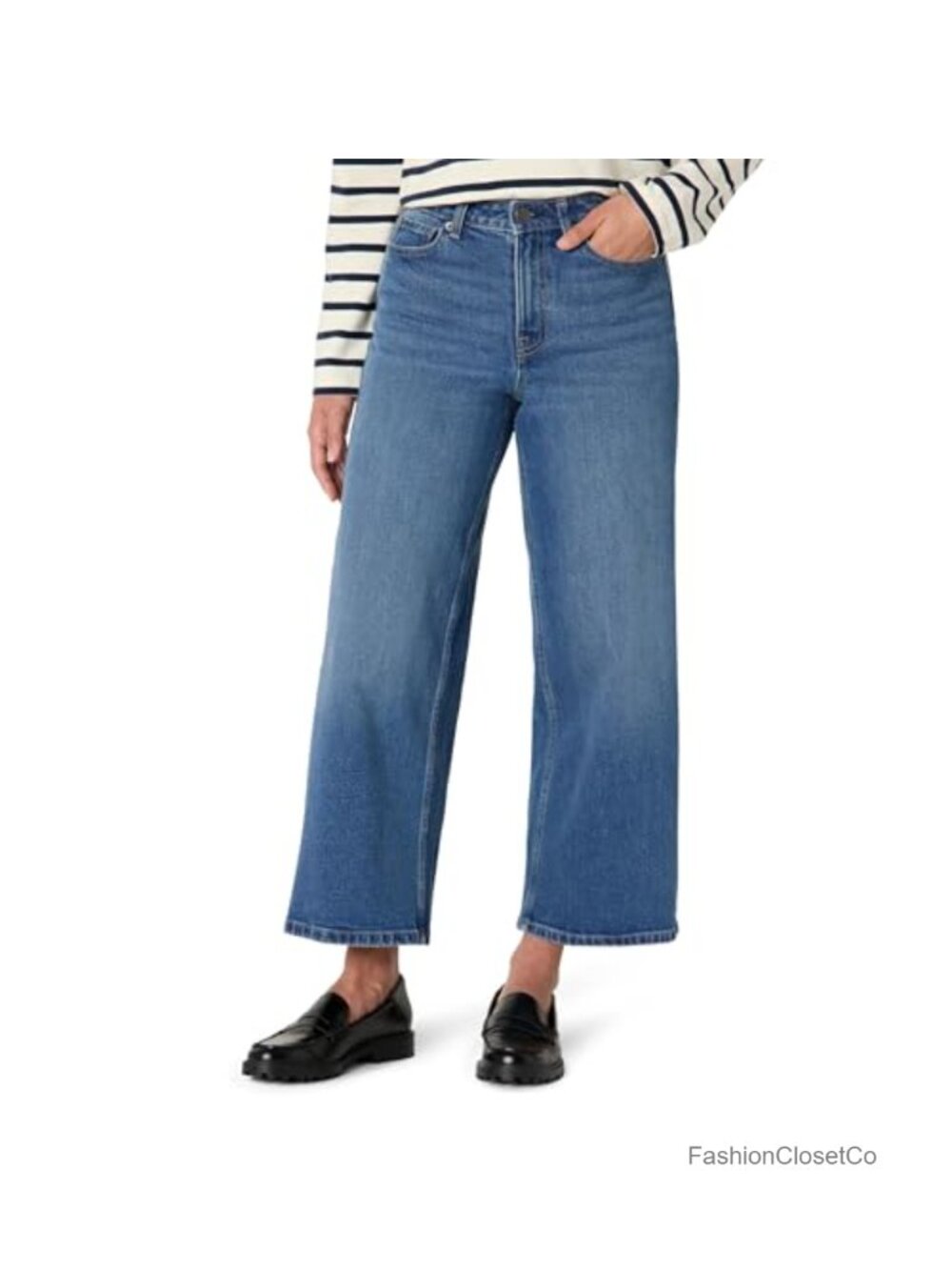 High-Rise Wide Leg Crop Jeans Midweight Denim Zip Fly 5 Pocket